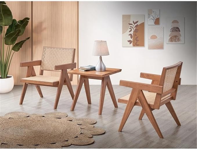 Pemberly Row Rattan &amp Wood Accent Chair Natural Finish 32H x 24W x 26D Square Arms Woven Rattan Seat &amp Backrest Rustic Coastal Style Durable Wooden Frame Living Room or Family Room S