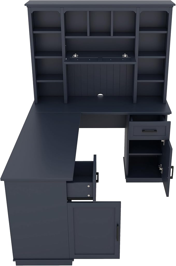 Multi-Function Wood Home Office Computer Desk with Storage Cabinets and Bookcases L-Shaped Executive Desk Writing Desk Study Workstation for Office Study Room (Antique Blue-L)