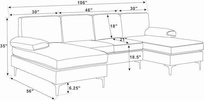 106 U-Shape Sectional Couches with Double Chaise Upholstered Sofa with Polyester Blend Fabric Modern 4 Seat Modular Sofa with Sturdy Metal Legs for Living Room Apartment Khaki