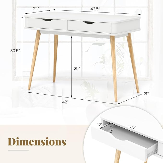 Giantex Mid-Century Desk with 2 Drawers 43.5 Writing Study Desk with Solid Rubber Wood Legs Home Office Computer Workstation PC Laptop Desk Modern Makeup Vanity Table for Bedroom (White &amp Natu
