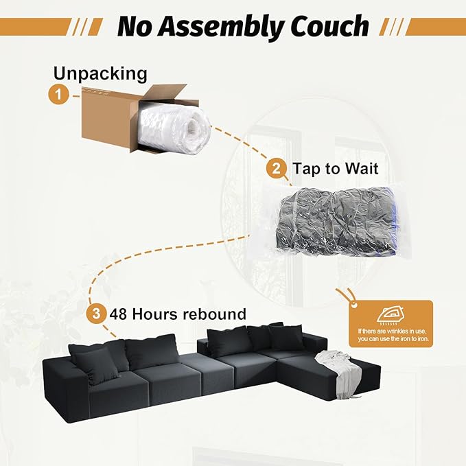 151 Oversized Modular Sectional Sofa Chenille Upholstery Boneless Couch with 6 Pillows 6-Seater Deep Seat Cloud Couch Free Combination Compression Couches for Living Room No Assembly Black