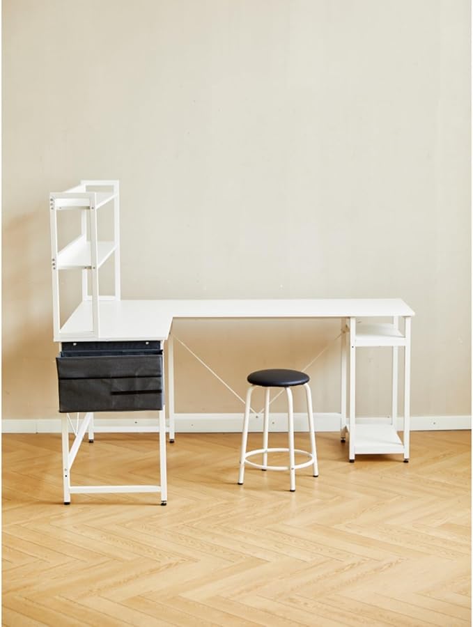 94.5 Inch L Shape Home Office Desk Computer Desk Gaming Desk with Storage Shelves Side Bag &amp Padded Stool for Small Space Compact Corner Desk PC Laptop Desk with Metal Frame &amp CPU Stand for