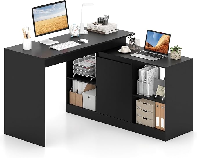 Tangkula L-Shaped Computer Desk 48 Reversible Corner Writing Desk with 2-Way Cabinet &amp 4 Storage Compartments Modern Executive Desk Laptop Workstation for Home Office (Black)