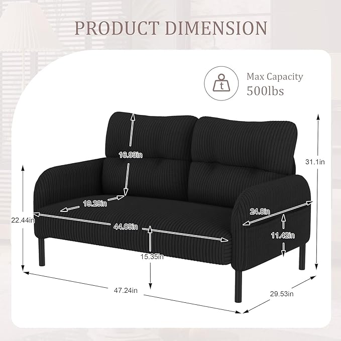 Corduroy Loveseat for Living Room &amp Bedroom - Modern 2-Seater Sofa with Storage PocketsSolid Wood Frame High-Density FoamComfortable Compact Couch for Small Spaces500 lb Capacity (Black)