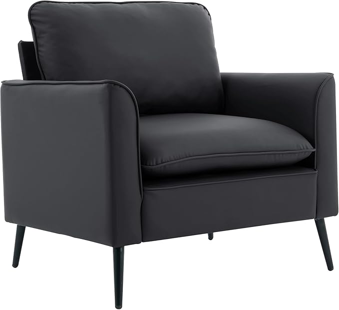 YISHENG Mid-Century Modern Living Room Accent Chairs Set of 2 - Oversized Faux Leather Armchairs with Removable Cushions &amp Metal Legs Comfortable Sofas for Office/Lounge/Bedroom/Reception（Black）