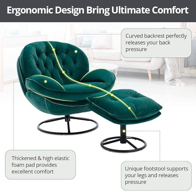 Velvet Swivel Accent Chair with Ottoman Set Modern Lounge Chair with Metal Base Frame &amp Footrest Comfortable Single Leisure Sofa Chair Reading Chair with 360 Degree Swiveling for Living Room Gr