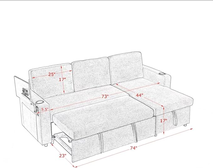 KEIKI 85 L-Shaped Chenille Sectional Sofa with Pull-Out Bed Storage Chaise Lounge Retractable Table USB Cup Holders Convertible 3-Seater Sleeper Couch Bed Easy Assembly for Living Room Green