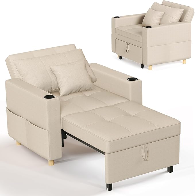 YODOLLA Sleeper Chair 38 Extra Wide Convertible Chair Bed Upgraded 3-in-1 Pull Out Single Sofa with Adjustable Backrest Cup Holder Pocket for Adults for Living Room Apartment Small Space Beige