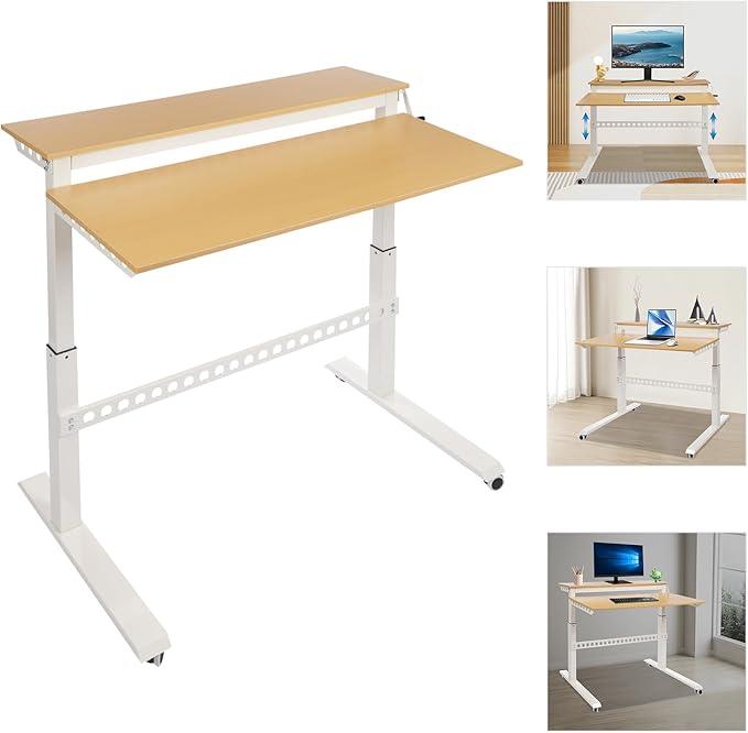 2-Tier Rolling Standing Desk with Wheels 15.75in Height Adjustable Hand-Cranked Standing Desk Manual Adjustable Desks for Home Office