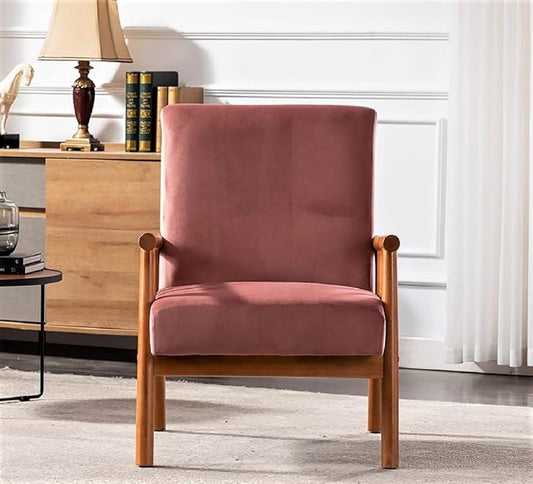 Container Furniture Classic Living Room Mid Century Modern Accent Chair with Unique Open-Framed Arm Design and Solid Wood Frame Velvet Armchair Rose