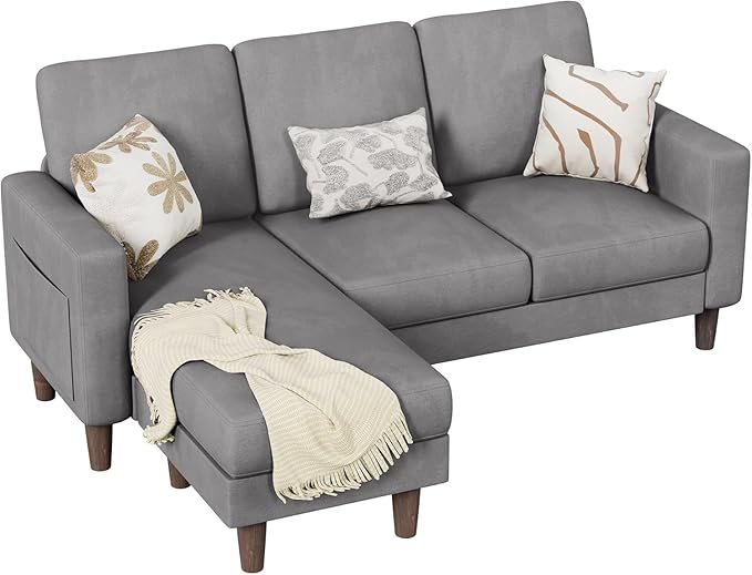 Homall Convertible Sectional Sofa 3 Seat L Shaped Couch with Side Storage Pocket Sofas with Movable Ottoman Small Linen Couches for Living Room &amp Apartment (Linen Fabric Light Grey)