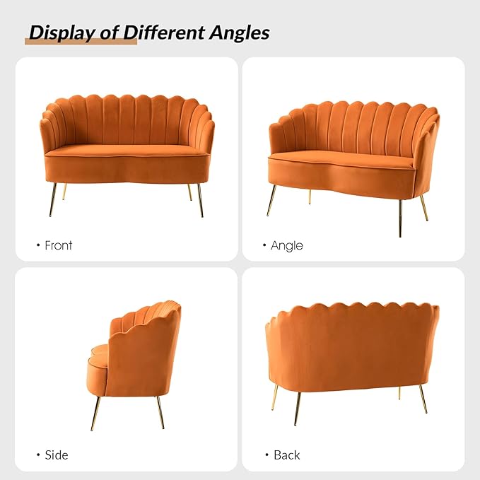 Velvet Upholstered Loveseat Sofa with Gold Metal Legs Modern Comfy Small Love Seat with Flower Shaped Back 2-Seater Sofa Accent Couch for Living Bedroom Leisure Areas