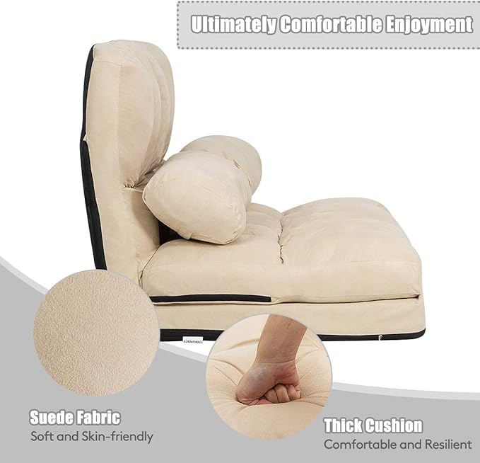 S AFSTAR Safstar Floor Folding Couch and Futon Sofa 6-Position Fabric Sleeper Sofa Bed with 2 Pillows and Sponge Filling Adjustable Lazy Sofa for Living Room and Bedroom(Beige)