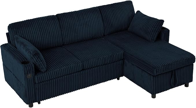 84 Corduroy Pull Out Sofa Bed w/Adjustable Backrests Sectional L-Shape Sleeper Sofa w/Storage Chaise Convertible Couch Bed w/USB Charging Port &amp Cup Holders for Living Room House Blue