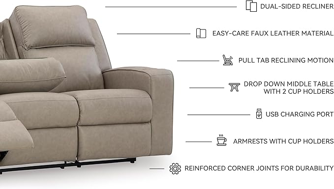 Signature Design by Ashley Lavenhorne Contemporary Faux Leather Manual Reclining Sofa with Drop Down Table Cup Holders and USB Ports Beige
