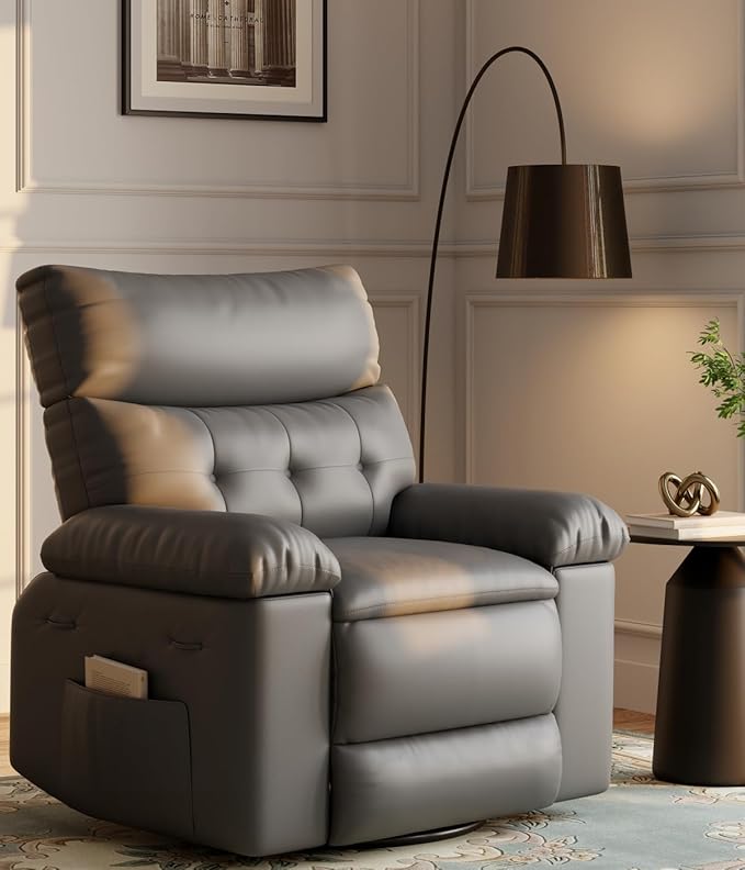GarveeHome Oversized 27 Recliner Chairs Classic Manual Leather Recliner Home Theater Seating with Lumbar &amp Arms Support for Living Room Bedroom and Nursery - Grey
