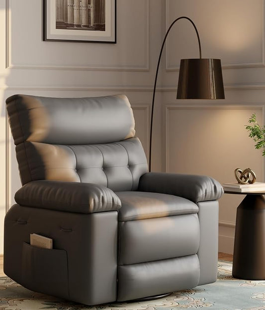 GarveeHome Oversized 27 Recliner Chairs Classic Manual Leather Recliner Home Theater Seating with Lumbar &amp Arms Support for Living Room Bedroom and Nursery - Grey
