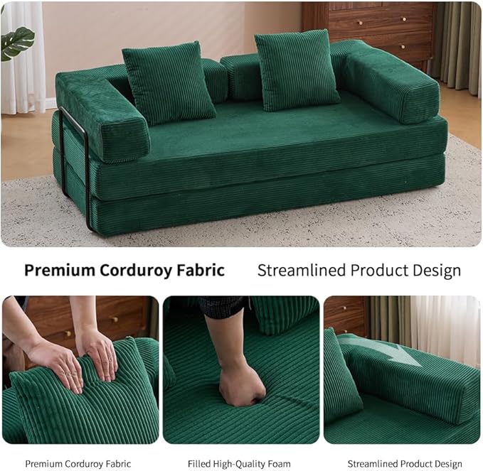 77 Convertible Sleeper Sofa Bed with Fixed-Shape Frame Modern Corduroy Folding Boneless Couch with 2 Pillows Comfy Floor Sofa Couch for Living Room No Assembly Required Emerald Green