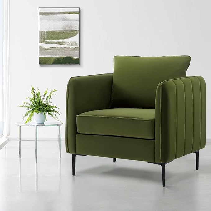 KEIKI Cloud Chair for Living Room Velvet Single Sofa Chair with 1 Pillow Comfy Accent Chair for Bedroom Office and Reading Metal Legs Soft Modern Design Green