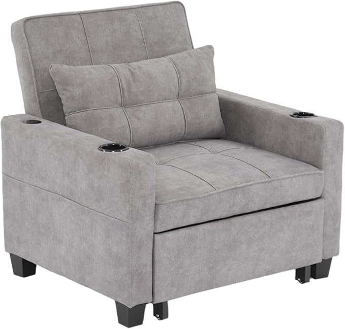 Futon Chair Bed Convertible Sleeper Chair3-in-1 Lazy Chair with USB PortsPull Out Chair Sleeper for Living Room Office Apartment (Tech cloth Light Grey)