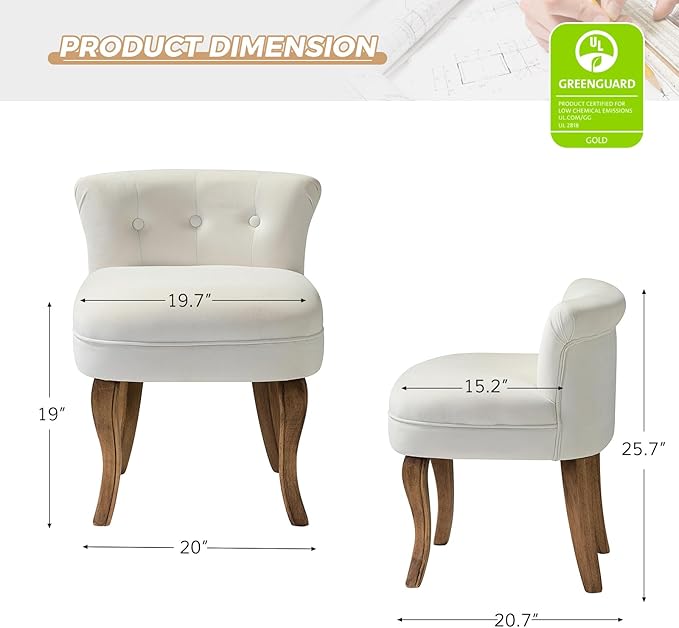 HULALA HOME Velvet Vanity Stool with Low Back Modern Vanity Chair with Solid Wood Legs Small Upholstered Makeup Chair Home Decor for Bedroom Living Room Dressing Table Women Girls Ivory