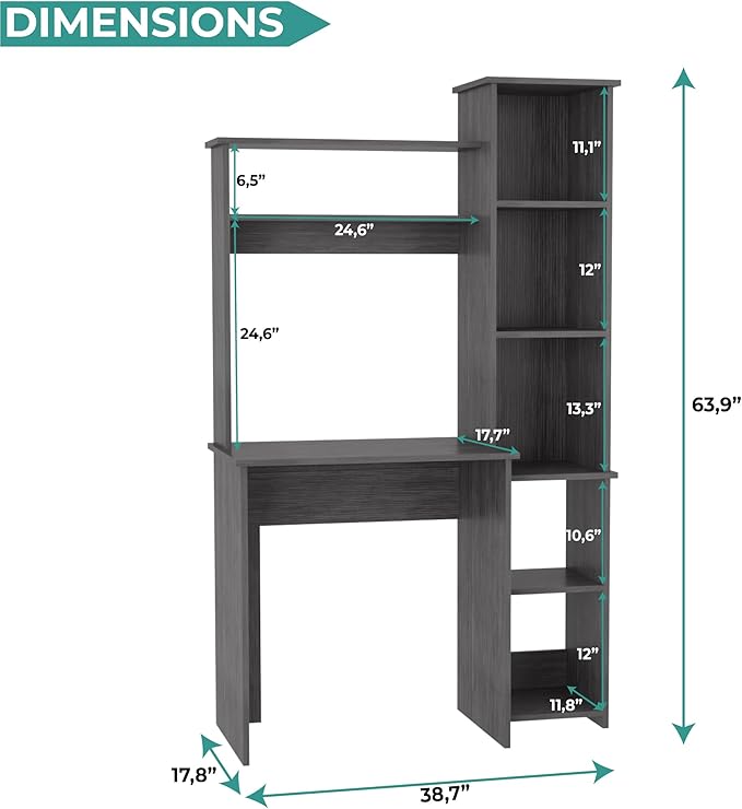 Tuhome Versalles Writing Desk with Two Superior Shelves Five Side Open Storage Compartments Space-Saving Modern Workstation Design for Studios and Offices Ideal for Organization Books