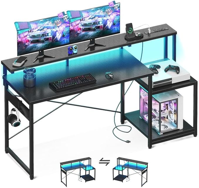 AODK Computer Desk 56 Inch Gaming Desk with Led Lights &amp Power Outlet Office Desk with Storage Shelves Reversible Desk with Monitor Shelf &amp Headphone Hook Carbon Fiber Black