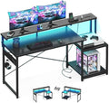 AODK Computer Desk 56 Inch Gaming Desk with Led Lights &amp Power Outlet Office Desk with Storage Shelves Reversible Desk with Monitor Shelf &amp Headphone Hook Carbon Fiber Black