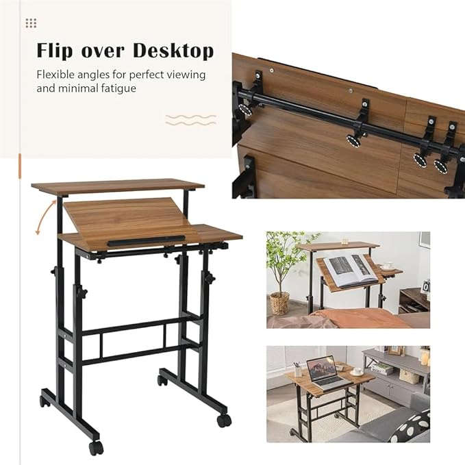 Garvee Portable Standing Desk Adjustable Height 26.4-61 Mobile Computer Desk with Wheels Tiltable Top &amp CPU Stand Rolling Laptop Table Cart for Home Office Light Walnut