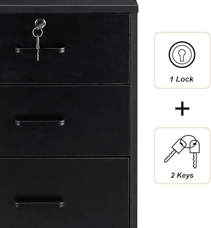 TUKAILAi Mobile File Cabinet with 3 Drawers Lockable Storage Unit Wooden Rolling Office Filing Cabinet with Wheels for Legal/Letter/A4 Sized Documents Home Office (Black 1PCS)