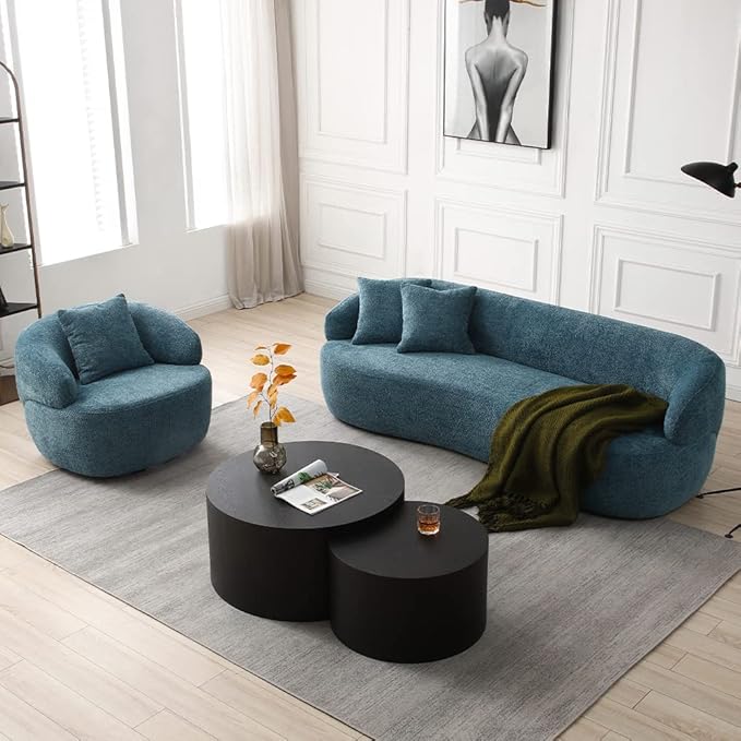 WILLIAMSPACE Swivel Accent Sofa Chair Round Back Boucle Barrel Chair with Pillow Modern Leisure Arm Chair for Hotel Living Room Bedroom Office (Navy Blue)