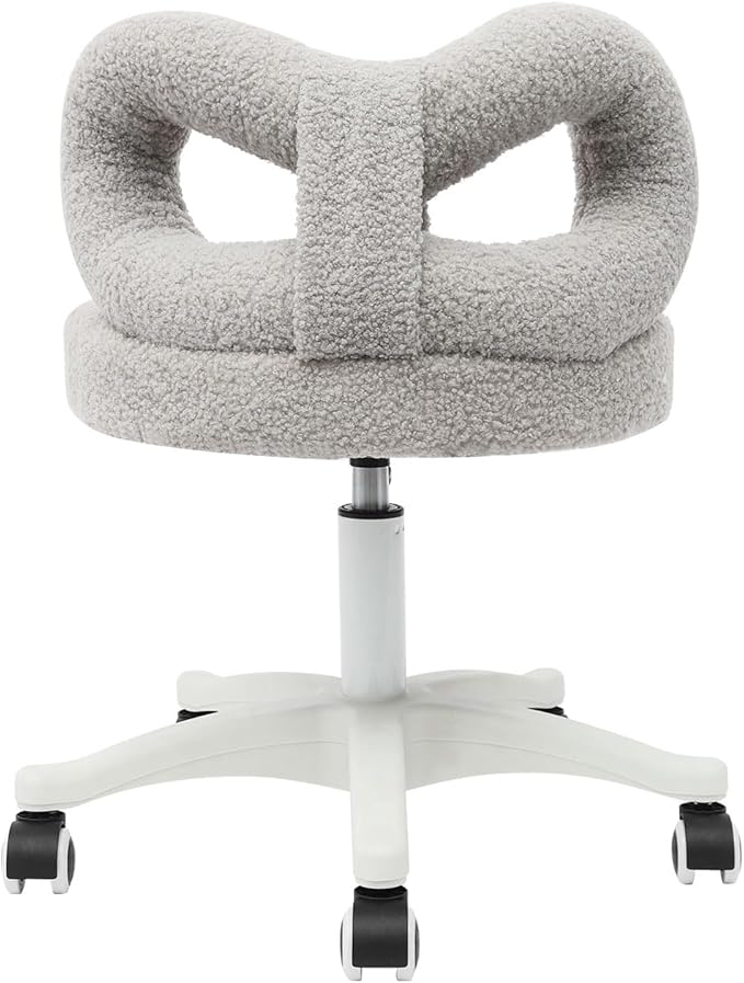 Vanity Chair with Cute Bow Backrest Grey Make-up Chair Height Adjustable Roller Chair with 5 Wheels Armless Dressing Chair Small Upholstered Accent Chair Desk Chair for Bedroom Living Room