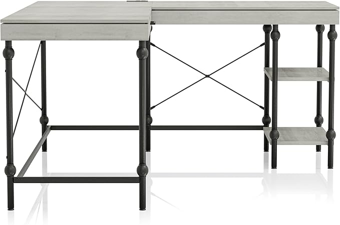 24/7 Shop at Home Monier Farmhouse Metal 2 Shelves Corner Computer Desk with USB Port Power Outlet 1 Drawer for Workstation Home Office Study Room Antique White