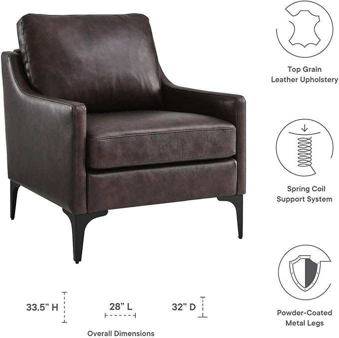 Pemberly Row Modern Leather and Metal Armchair 33.5 in H x 28 in W x 32 in D Brown Finish Upholstered Accent Chair with Spring Coil Support Mid-Century Style for Living Room or Home Office Use