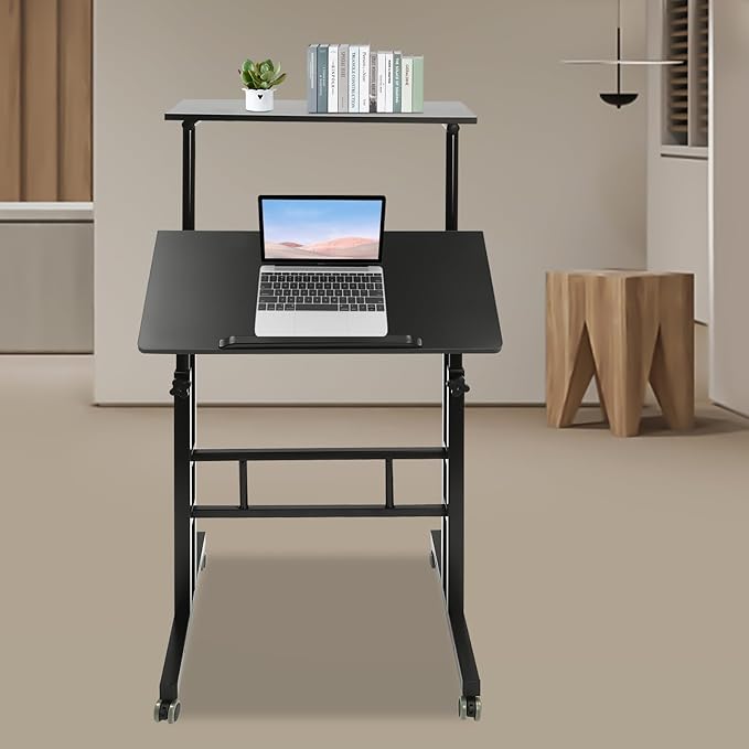 Movable Standing Desk Adjustable Height &amp Angle Rolling Lifting Laptop Podium Desk Side Table Tilting Panel Mobile Standing for Office Teacher Classroom School Meeting Room Study Room (Black)