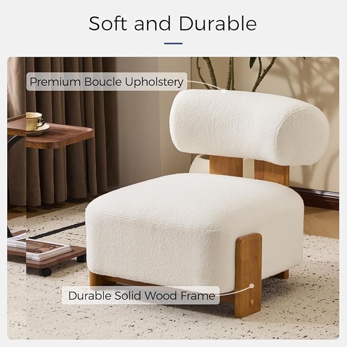 Boucle Accent Chair with Solid Wood Frame for Living Room Modern Side Chair with Rolled Backrest 27.25 Lounge Chair with Soft and Durable Boucle Fabric for Bedroom and Office (Beige)
