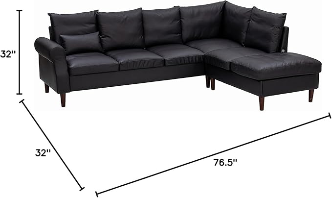 Panana 6 Seats Sectional Sofa Right Corner L Shaped Couch With USB Charging Port Chaise (Black Leathaire 6 Seater Right Corner With Chaise)