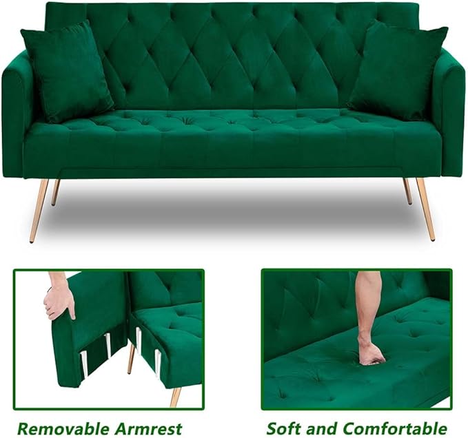 71 Convertible Folding Sleeper Sofa CouchModern Velvet Loveseat Sleeper with 2 Pillows Futon Sofa Bed with Mattress and Frame for Living RoomBedroomSmall Space (Green)