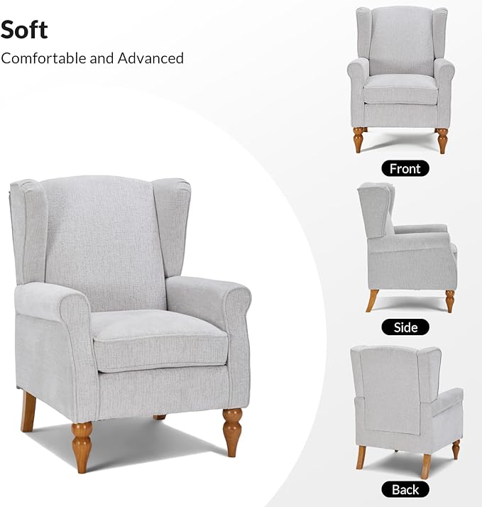 Rovibek High Wingback Chairs with Table - Midcentury Modern Accent Chair for Living Room Upholstered Armchair with Solid Legs Light Grey Living Room Chairs for Living Room Bedroom Balcony