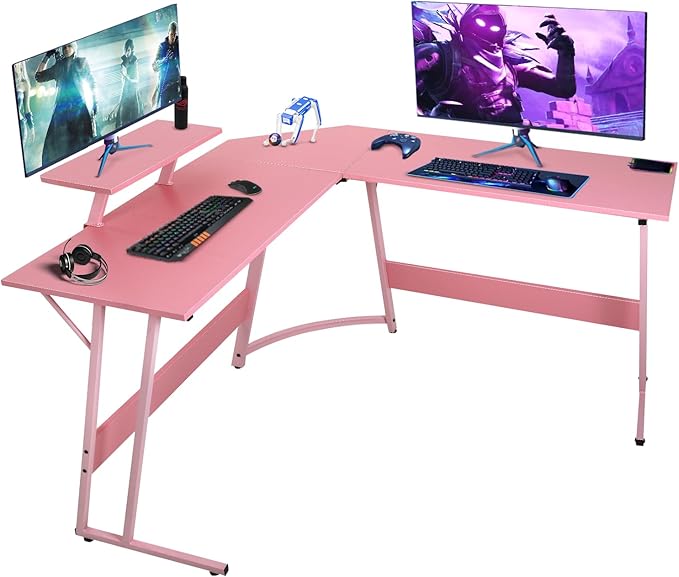 L Shaped Gaming Desk Computer Corner Desk PC Gaming Desk Table with Large Monitor Riser Stand for Home Office Sturdy Writing WorkstationPink