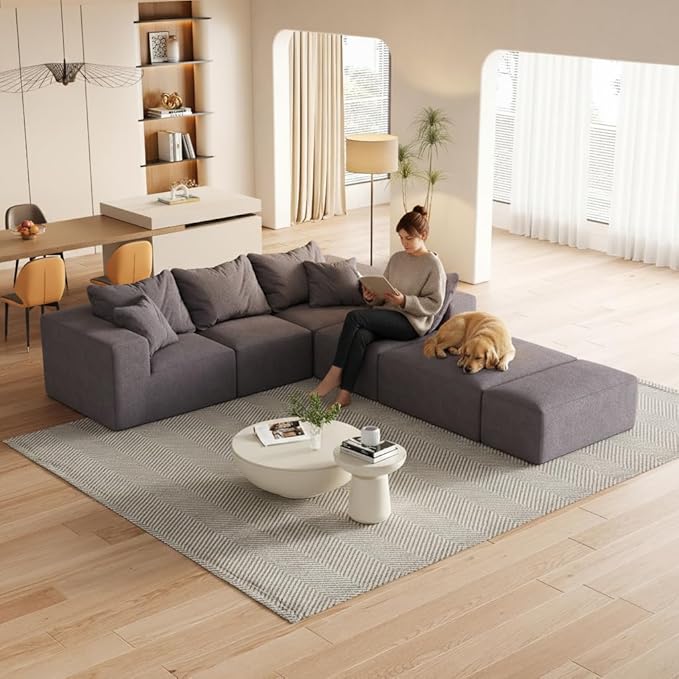 KEIKI 132 Boneless Sofa with Ottoman L Shaped Corner Couch Upholstered Corduroy Free Combination Sectional Couch for Living Room Bedroom Gray