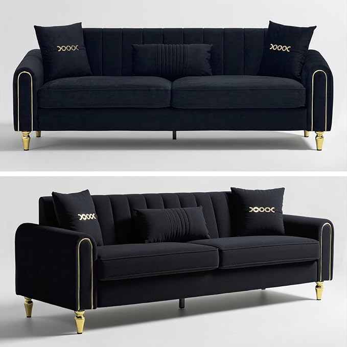 87.5 Modern 3-Seater Velvet Couch Set of 2 with Metal Legs &amp Decorative Pillows High Resilience Sponge Spring Seat Luxury Sectional Loveseat Sofa Set for Living Room Apartment Small Space Black