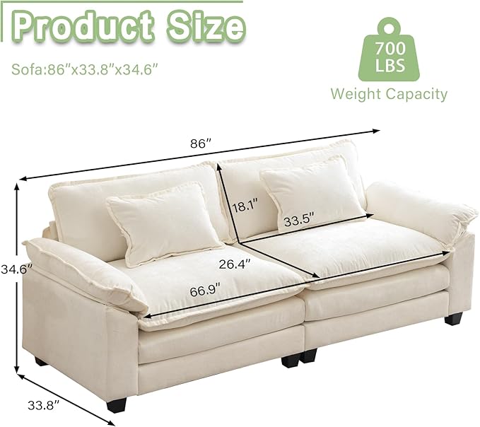 Loveseat Sofa Comfy Cloud Couch for Living Room with Pillows Modern Chenille Sofa Sleeper Deep Couches(Cream White 2-Seat)
