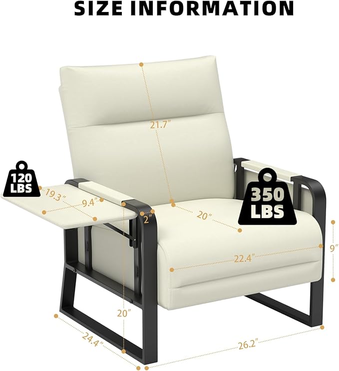 Faux Leather Accent Chair with Flip Up Tray Table Soft Backrest Side Pocket for Living Room Office Bedroom Leather Accent Chair Beige