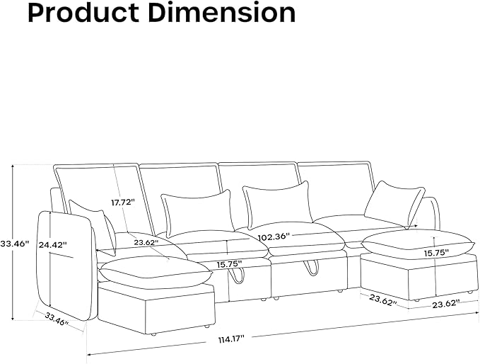 114 Modular Sectional Sofa Sectional Couches for Living Room U Shaped Cloud Couch with Storage &amp Ottoman Waterproof Wide and Deep Seat 6 Seats (Beige)