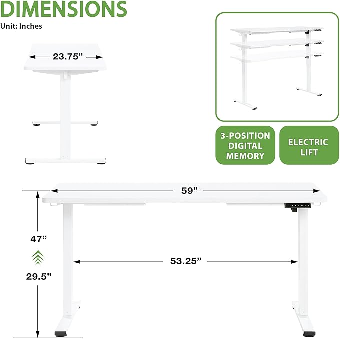 OSP Home Furnishings Primo Sit-to-Stand Electric Height Adjustable Office Desk with Hook White 5 Feet Wide