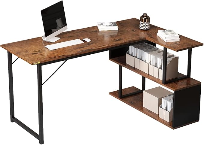 48.8in Compact L-Shaped Computer Desk with 2-Tier Storage Shelf Sturdy Construction Ideal for Home Offices and Gaming Rooms Brown