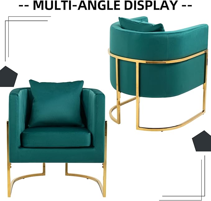 X-VOLSPORT Velvet Accent Chair Modern Barrel Arm Chair for Living Room/Bedroom/Guest Reception Upholstered Club Armchair with Pillow &amp Gold Base Green