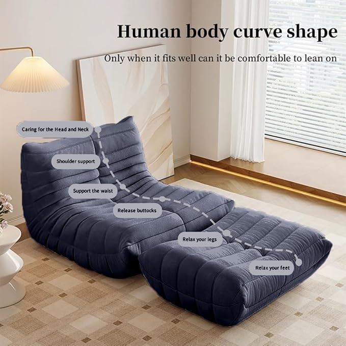 Bean Bag Chair - Memory Foam Bean Bag Chair for Adults Comfy High-Resilience Single Sofa Small Space Floor Chair Chaise Lounge for Living Room Bedroom (Dark Blue Wrinkles+Ottoman)
