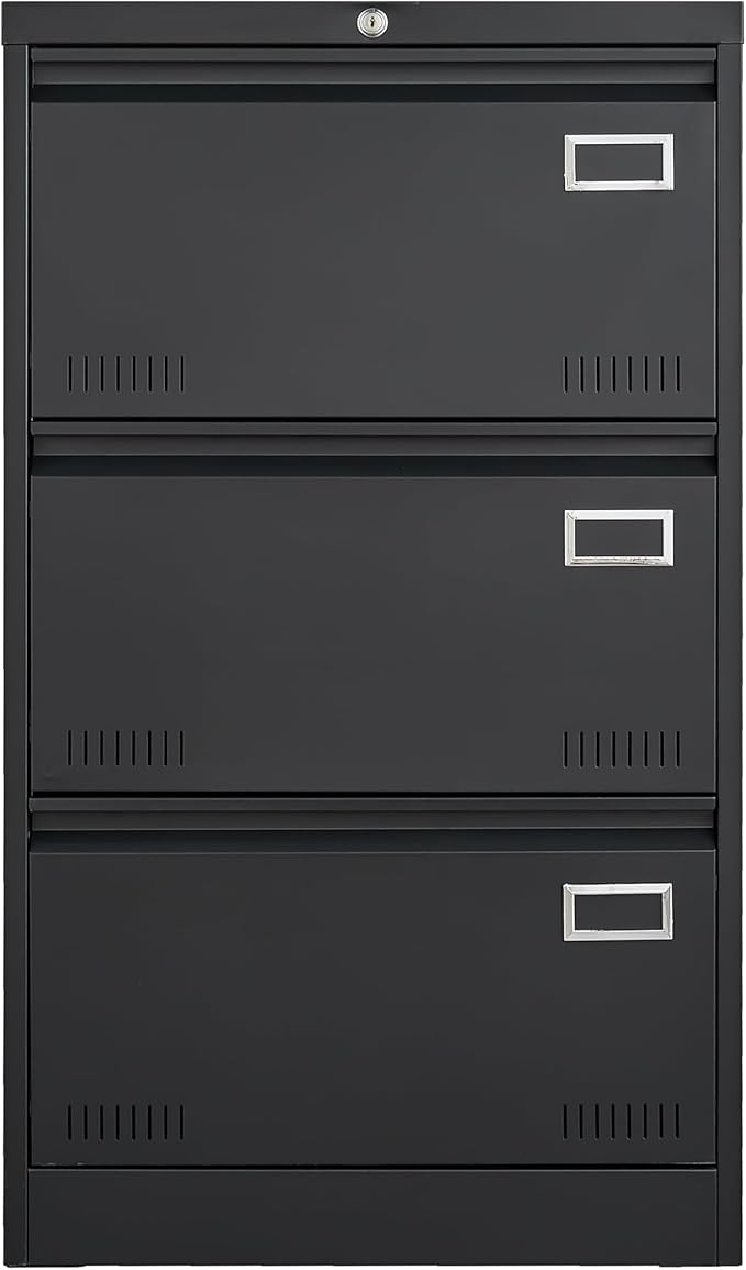3 Drawer File Cabinet Metal File Cabinets with Lock Vertical Office Filing Cabinet for Letter/Legal/F4/A4 Size Filing Cabinets for Home Office Black
